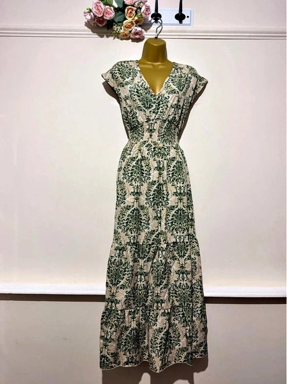 Floral Maxi Dress in Cream & Green